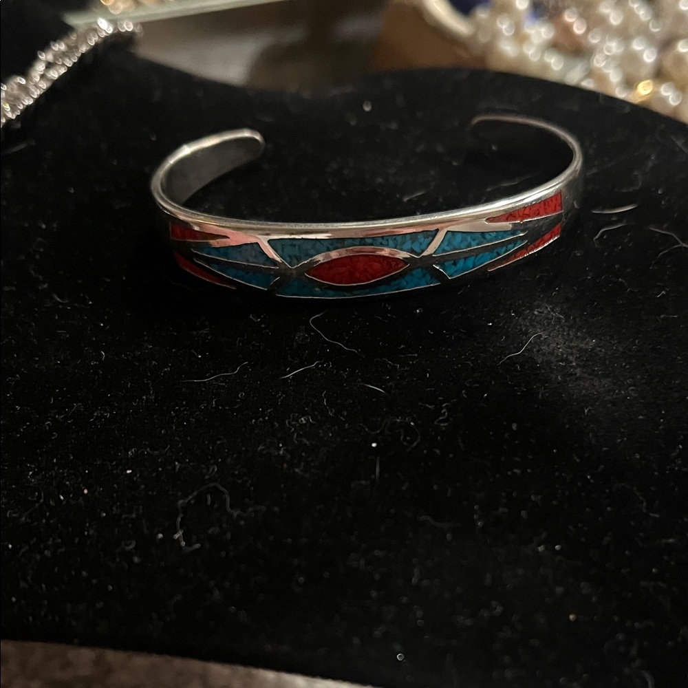 Inlaid Silver Tone Women's or Child’s Cuff Bracelet